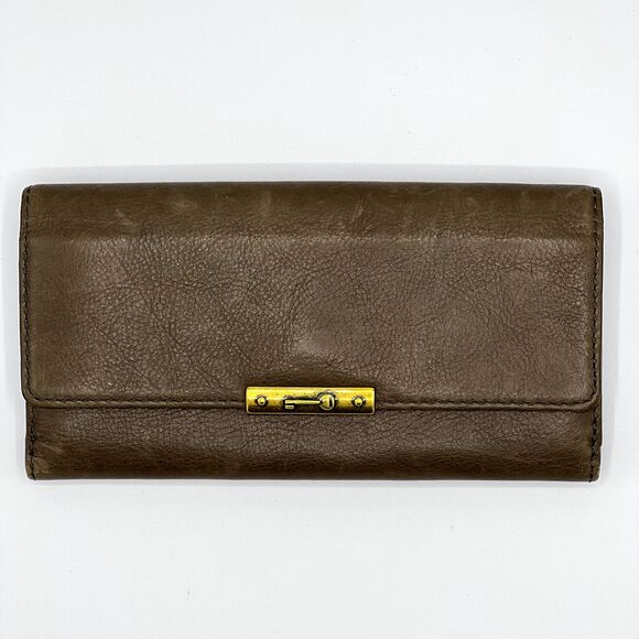 Fossil Wallet Brown/Gray Knox Flap Clutch Pebbled Leather Brass Hardware - Picture 1 of 11